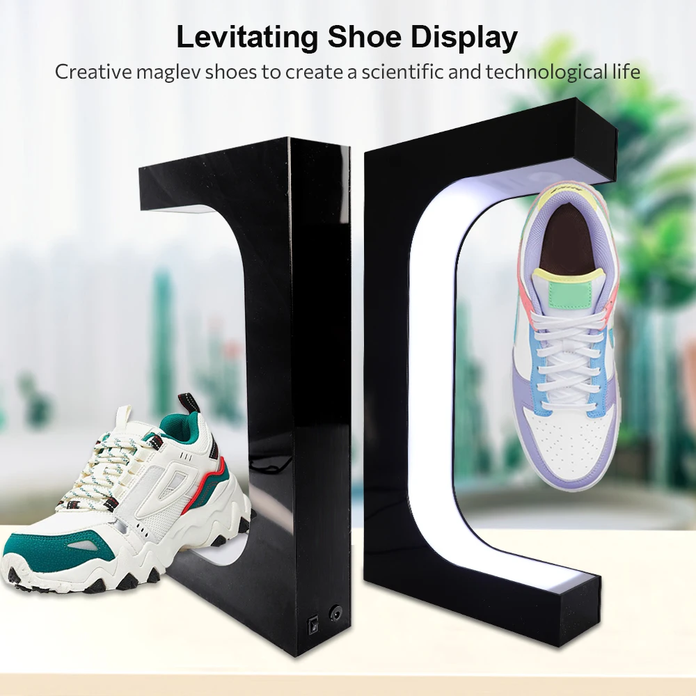 European warehouse Levitating Shoe Display Floating Sneaker Stand with LED Light 360 Degree Rotation shopping mall Shoe Display 5