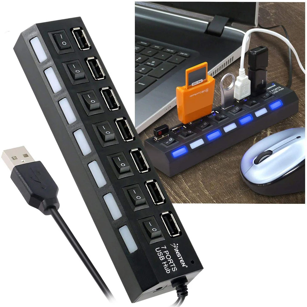 7 Порты и разъёмы USB 2,0 концентратор высокой Скорость 480 Мбит/с вкл/выкл переключатель мульти Порты и разъёмы USB разветвитель для портативных ПК компьютер