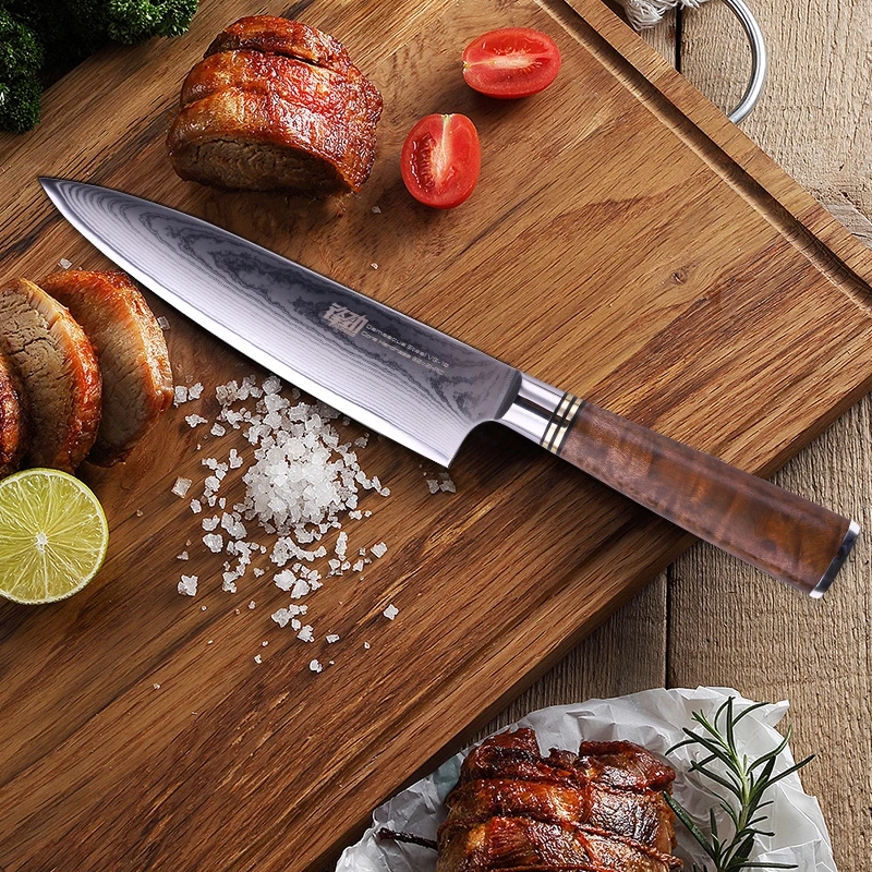 

Findking Pro 8 inch Damascus Steel Chef Knife Japanese VG10 Blade Sharp Kitchen Knives Sapele wood Handle Meat cutter tools