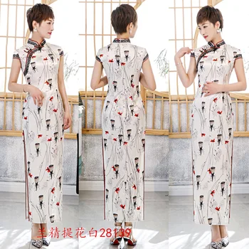 

Mandarin Collar Long Qipao Slim Chinese Style Party Prom Dress Sexy Print Flower Cheongsam Vestidos