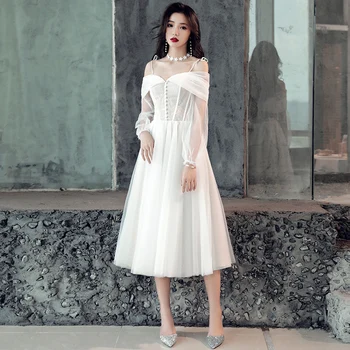 

Off The Shoulder Teal Length Wedding Dresses Plus Size 2020 Sexy Boat Neck A-line Simple Light Bridal Gowns With Long Sleeves