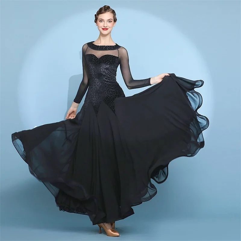 

2022 Hot Sale High Quality Elegant Women Ladies Practice Wear Velvet Black Mesh Sexy Ballroom Dance Dress