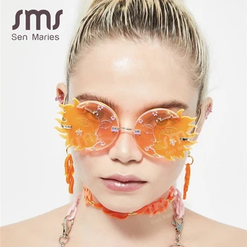 

New Rimless Round Sunglasses Women Fashion Personality Frameless Sunglasses Trendy Funny Polygonal Moon Smiley Ladies Eyeglasses