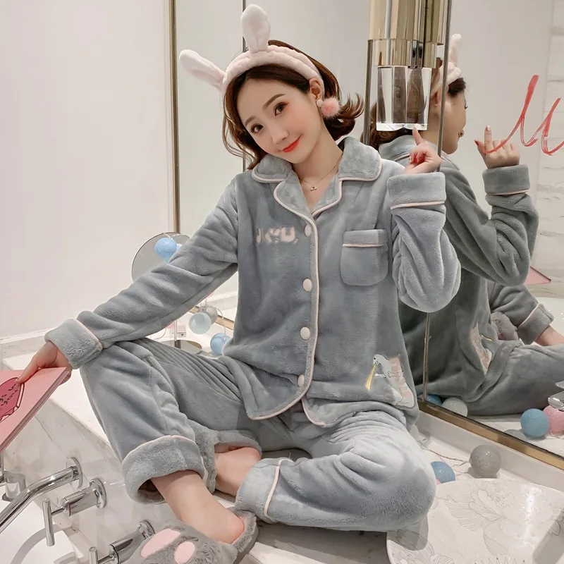 

E shang Ya Pajamas Women's Winter Long Sleeve Flannel Casual Cardigan Homewear Set 9201 #280; g m -Xxl