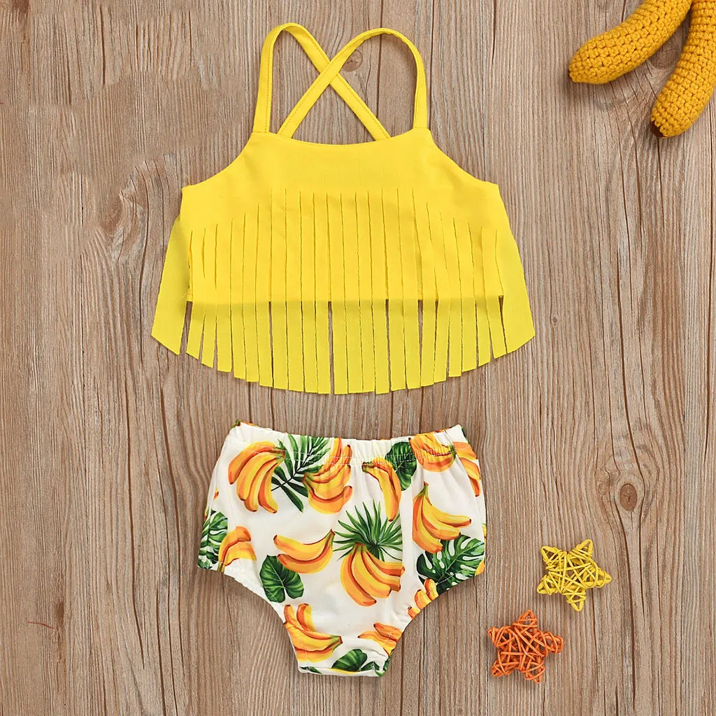 12M 5Y Kids Swimwear Baby Girl Banana Print Straps Tassel Bikini Shirt Top +Short Children Girls