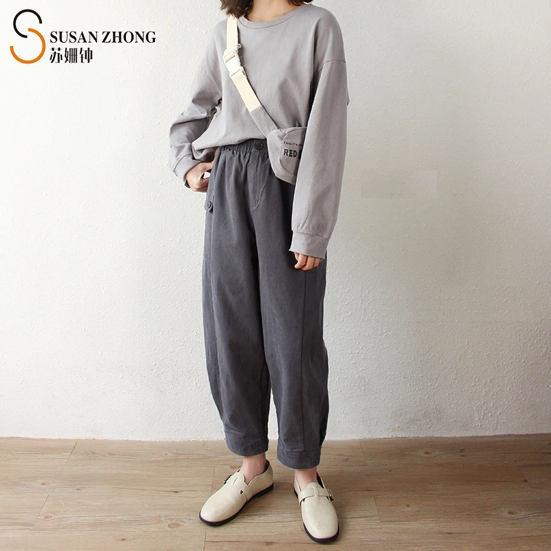 

Women Pants Female Trousers Cargo Pants With Tight Cuff Designed Spliced Legs Elastic Waist Belt Loop And Button Vintage