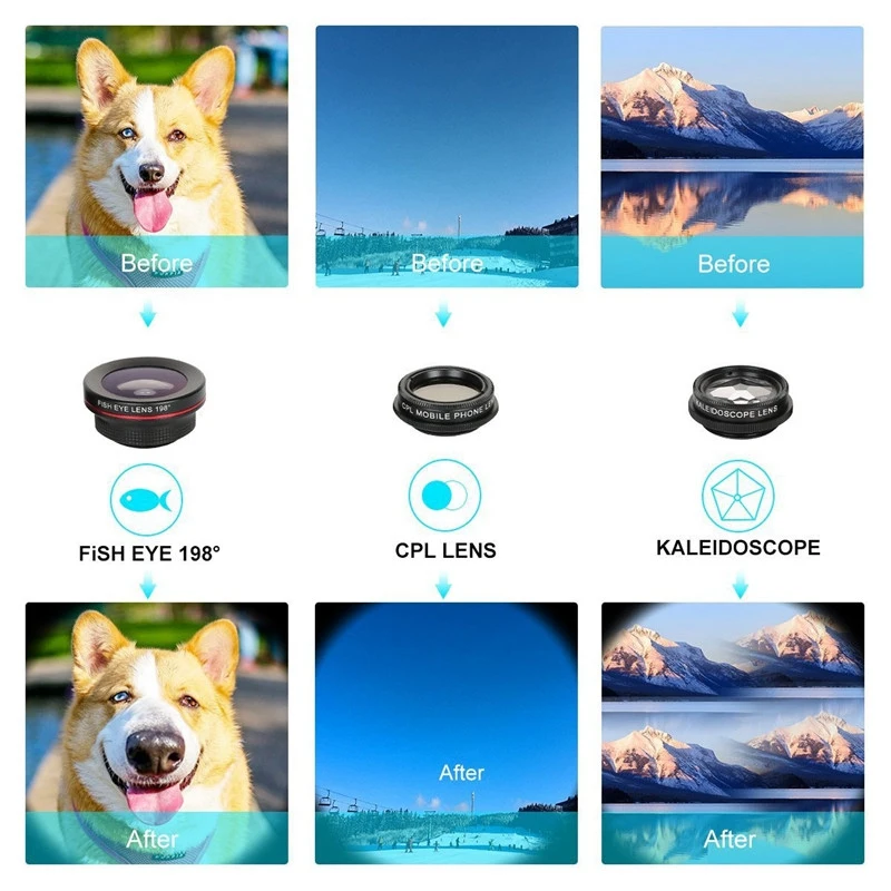 Объектив камеры телефона, 6 в 1 Объективы для телефона Комплект для Iphone и Android, калейдоскоп широкий угол+ макро Cpl рыбий глаз телеобъектив