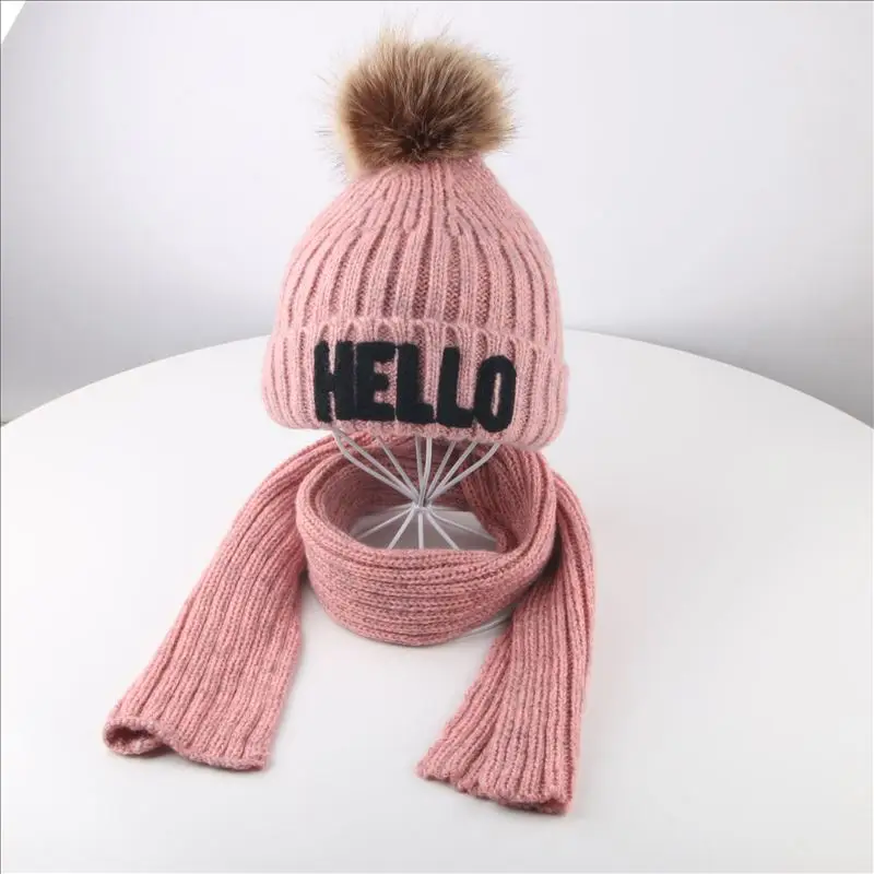 

3-10yrs Letters Kids Scarf and Hat Set Fleece Lined Warm Winter Hat Set for Girls Boys Red Yellow Grey Pink Black