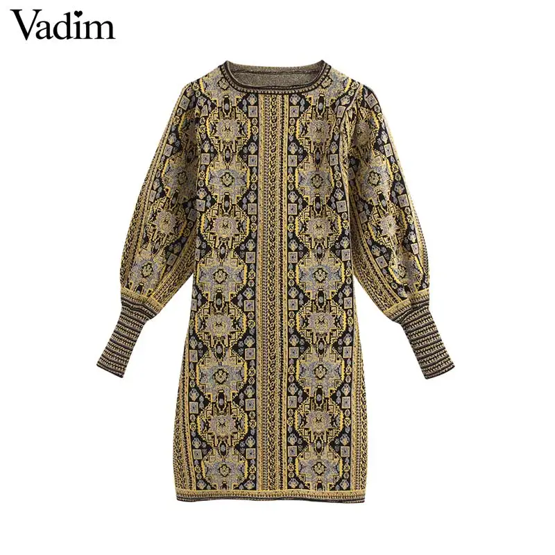 Vadim женское эластичное мини-платье с принтом vintafe, рукав-фонарик, о-образный вырез, Женские Модные Повседневные вязаные платья в стиле ретро, vestidos QD097