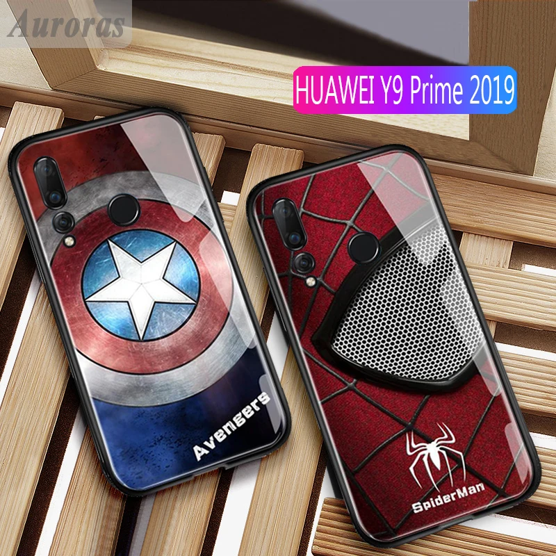 

Auroras Marvel Captain America Iron Man Glass Phone Case For HUAWEI Y9 Prime 2019 Avengers Spiderman Cover Funda Y9 Prime 2019