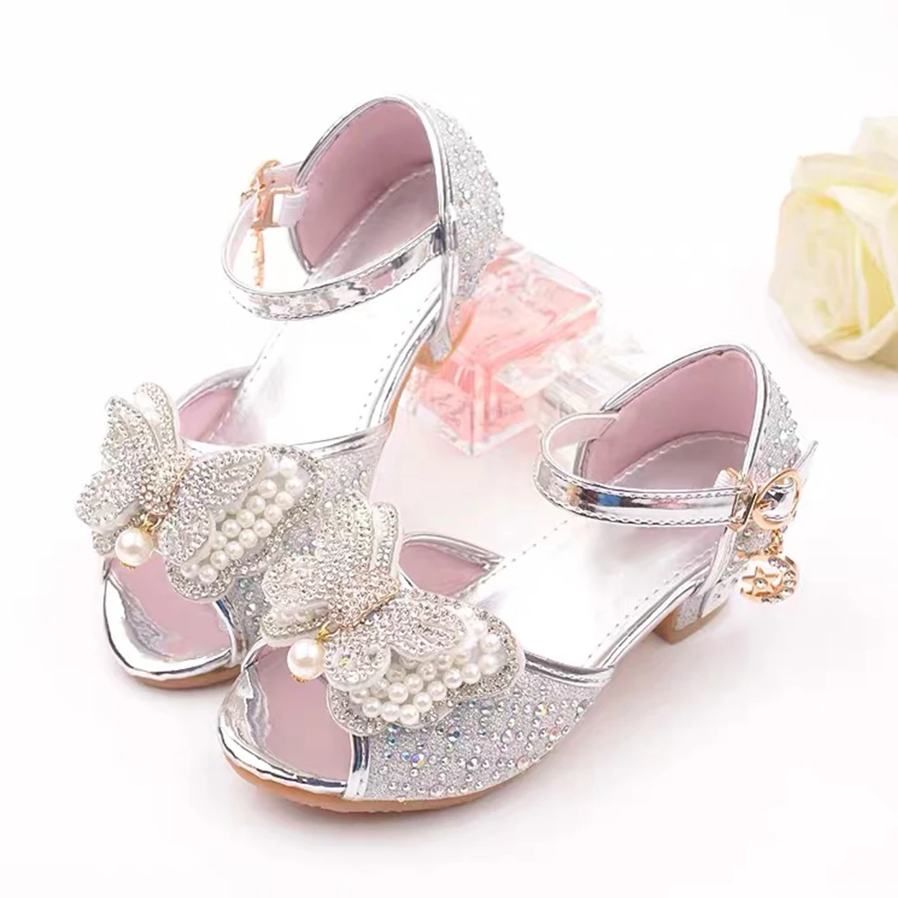 

2020 Summer Baby Girls Bownot Princess Sandals Kids Glitter Bling Sequins Mid Heels Shoes Ankle Strap Bowtie Dance Shoes D30
