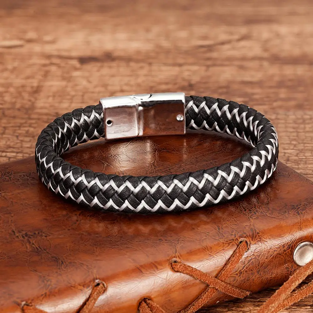 Bracelet Jewelry Fashion Genuine Leather Bracelet Men Black Braided Rope Bracelets For Male Metal Magnetic Clasp Bangles Jewelry