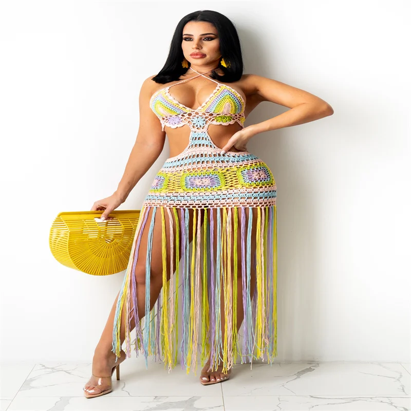 JRRY Sexy High Slit Knitted Dress One Shoulder Hollow Out Women Crochet Dresses  Long Crocheted Beach Dress Vestidos vintage clothing stores