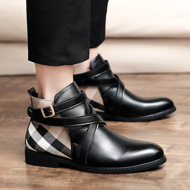 Leather Boots Mens Leather Boots Motorcycle Leather Boots Men Ankle Boots Genuine Leather Dress Shoes Buckle Strap Flats Pointed Toe Motorcycle Boots Casual Nightclub Party Footwear 48