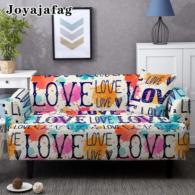 Abstract Colorful Love Letter Elastic Sofa Cover For Living Room Washable Stretch Couch Covers Dust-proof Slipcover 1/2/3/4 Seat | Дом и сад