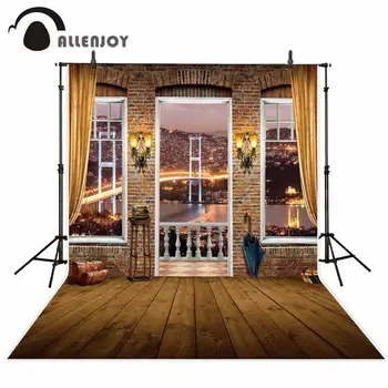 

Allenjoy Window Night City Scene Vintage Brick Wall Wood Floor Photography Backdrop Room Curtain Interior Background Photo Shoot
