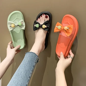 

Female Shoes Slippers Women Summer Transparent Heel Slides Fashion Platform Med Butterfly-knot 2020 Luxury Flat Rubber PU