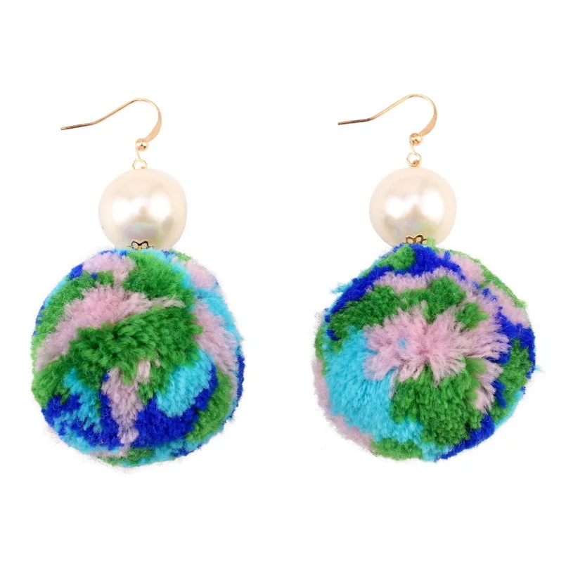 Big Cotton Pom Ball Pendant Imitation Pearl Dangle Earrings for Women Florate Brand Bohemian Ethnic Drop Statement | Украшения и