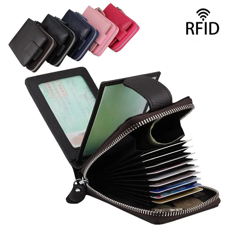 

Guaranteed Genuine Leather RFID Card Wallet with Coin Purse Multi-function Unisex Business Card Holders Card Case Hot Sales