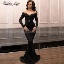 Блестящие блесток Черный Русалка африканские вечерние платья для женщин плюс размер вечерние платья длинный рукав в арабском стиле платье для выпускного вечера с открытыми плечами