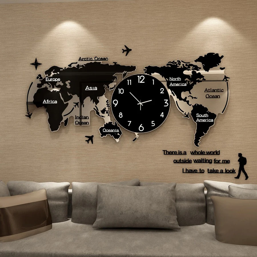 Большая карта мира настенные часы светящиеся современный дизайн для гостиной Светящиеся в темноте акриловые часы наклейки настенные часы домашний декор