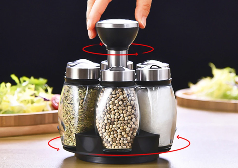 6 Pcs Seasoning Lead-free Bottles with Rotary Rack Set Stainless Steel Cover Spice Jar Kitchen Decoration