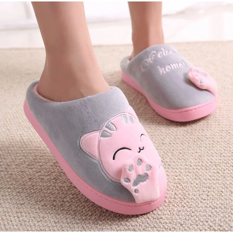 Women Winter Warm Home Slippers Couple Shoes Female Plush Cat Animal Slip On Soft Indoor Flats Comfort Ladies& Man Plus Size