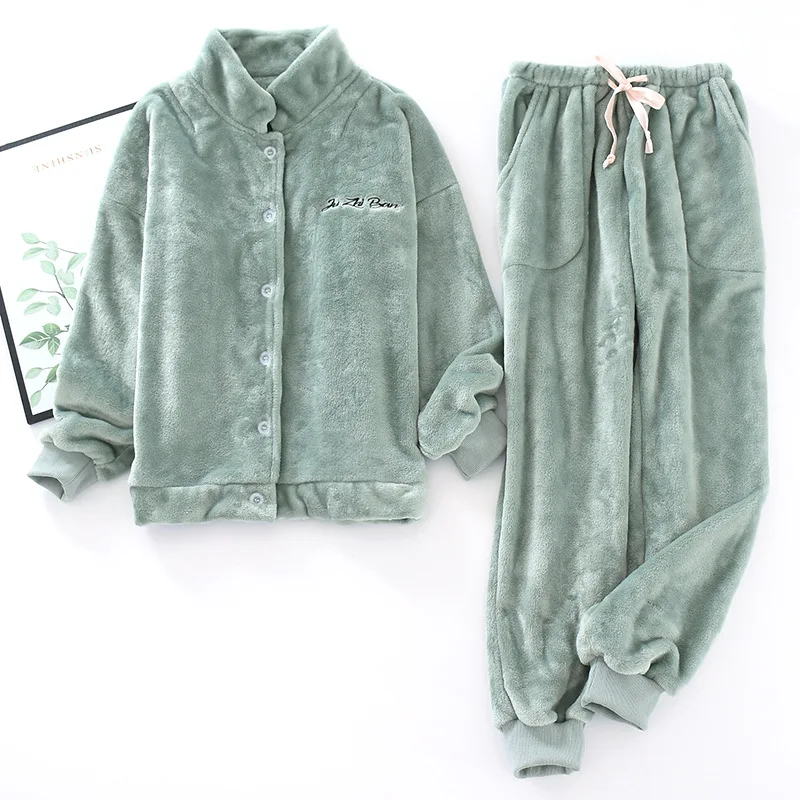 Solid Color simple Winter pajamas sets women Japanese flannel keep warm women sleepwear long sleeve quality pyjamas women