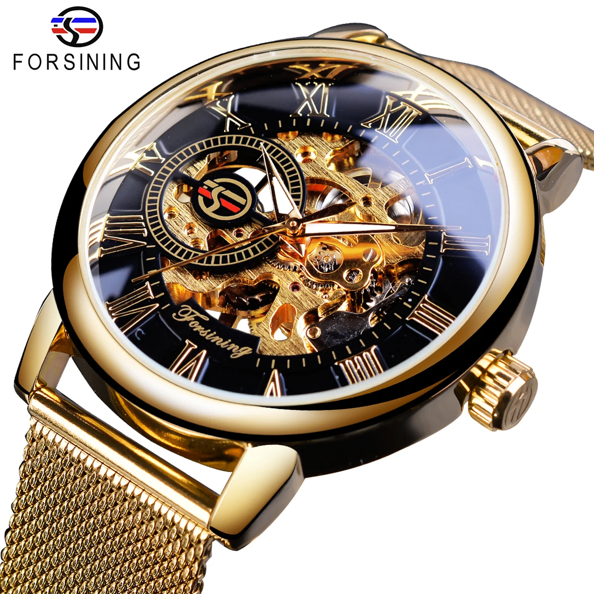 Forsining Luxury Skeleton Mechanical Watch Men's Transparent Wristwatch Black Dial Men Watches Mesh Band Relogio Masculino