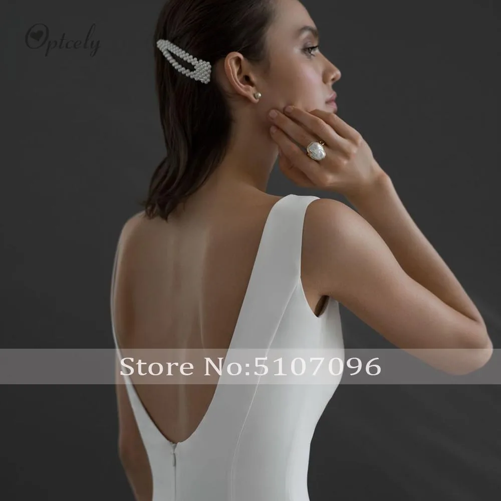 Optcely Simple White Scoop Neck Zipper A-Line Wedding Dresses Vintage Bohemian Backless Sleeveless Sweep Train Bridal Gowns