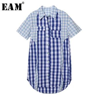 

[EAM] Women Blue Plaid Split Temperament Shirt Dress New Lapel Half Sleeve Loose Fit Fashion Tide Spring Summer 2020 1Y253