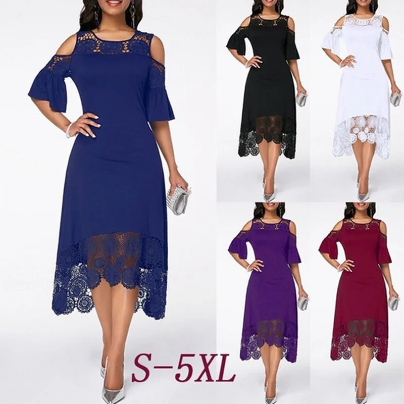 

2020 fashion new women's dress summer large size lace floral dress cold shoulder irregular banquet ladies long dress