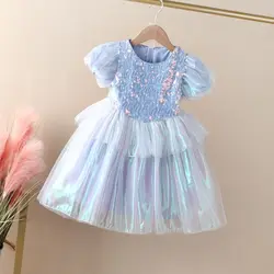 Meninas vestido de verão 2022 tendência luz azul lantejoulas manga curta criança menina vestidos princesa 3 a 8 anos de idade chiffon crianças roupas