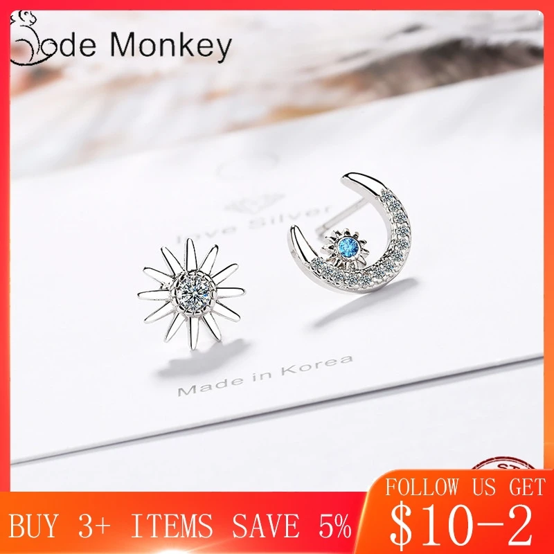 CodeMonkey 100% настоящая 925 пробы серебряная звезда Луна асимметричные серьги гвоздики