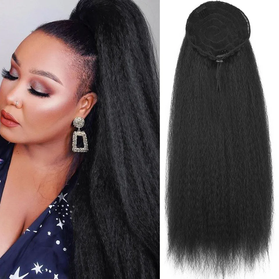 MyDiva Afro Long Straight Puff Ponytail Hair Extension Natural Synthetic Perm Yaki Hairpiece Drawstring Ponytails Elastic Band