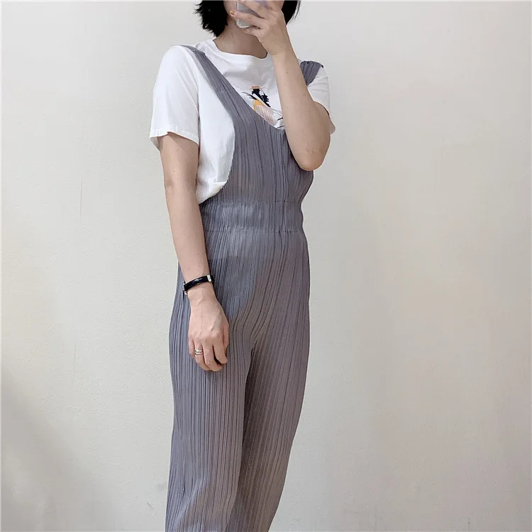 

New Miyake Pleated Straight Jumpsuit Sling Button Buckle Loose Casual Pants bib pants free shipping