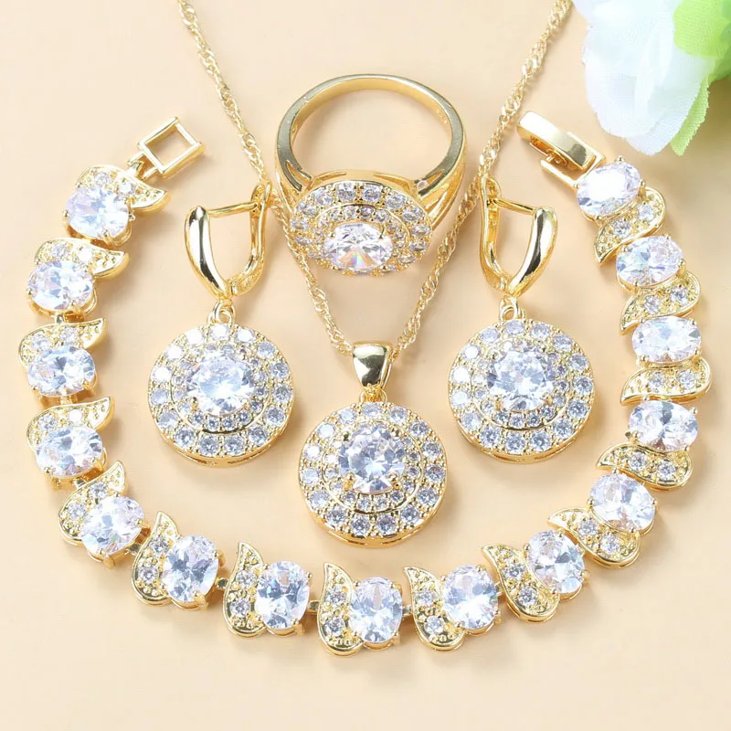 

Simple Round Bridal Four-Piece Suit White Zircon Crystal Gold Color Women Jewelry Sets Dangle Earrings/Bracelet/Ring 6-Colors