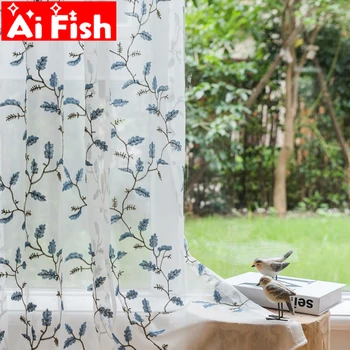 

Luxury American Pastoral Blue Sheer For Kitchen Panel Coffee Embroidered Leaves Tulle Voile Curtain for Living Room WP203#30
