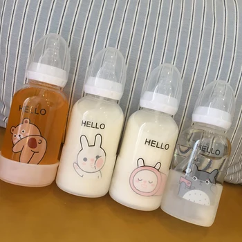 

250ml Cute Baby Bottle Infant Newborn Children Learn Feeding Drinking Cup Kids Standard Caliber Cartoon Glass Bottles
