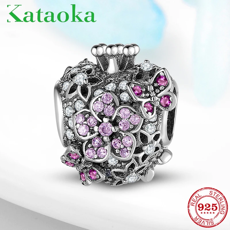 925 Sterling Silver Crown flower love heart Pink CZ Beads fit European Women Bracelets Bangles Jewelry Making | Украшения и