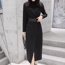 Осенне-зимние костюмы с платьем, Женский Длинный блейзер, пиджак, пальто, женская одежда, облегающее платье с высоким воротником, комплект из двух предметов