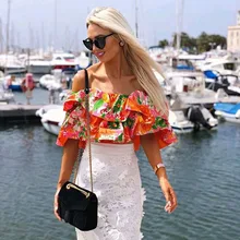 Винтажные шикарные женские топы с цветочным принтом и оборками, сексуальные женские топы с вырезом лодочкой, повседневные женские топы, укороченный топ нарядный лиф