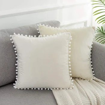 

Square Decorative Throw Pillow Covers Soft Velvet Outdoor Cushion Covers 18 X 18 with Balls for Sofa Bed, Set of 2, Cream