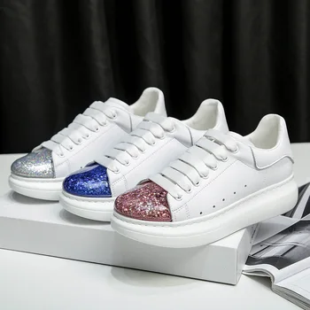 

Women's Leather Small White Shoes 2020 Spring Autumn New Quicksand Sequins Round Toe Thick Bottom Design Casual Lace-up Sneakers