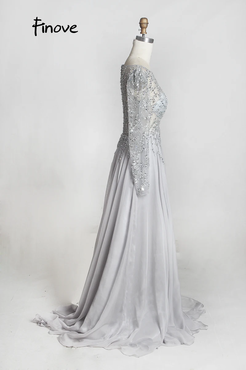 Finove Prom Dresses Long 2020 Long Sleeve Crystals Beading By Hand Sexy See-through A-Line Bridesmaid Dresses Robe de Soiree