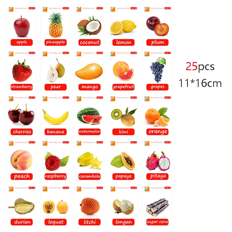21Pcs Pack Fruits Flash Cards Set Kids Educational Picture Letters Flashcard 
