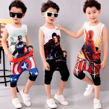 Костюм для мальчиков с человеком-пауком летний костюм для мальчиков спортивный костюм футболка с 3D принтом «Капитан Америка»+ штаны для мальчиков детская одежда из 2 предметов