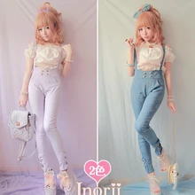 Милый комбинезон принцессы в стиле Лолиты; винтажные брюки для молодых девушек; Bobon21; джинсовые узкие брюки на подтяжках с бантом и принтом; b1002