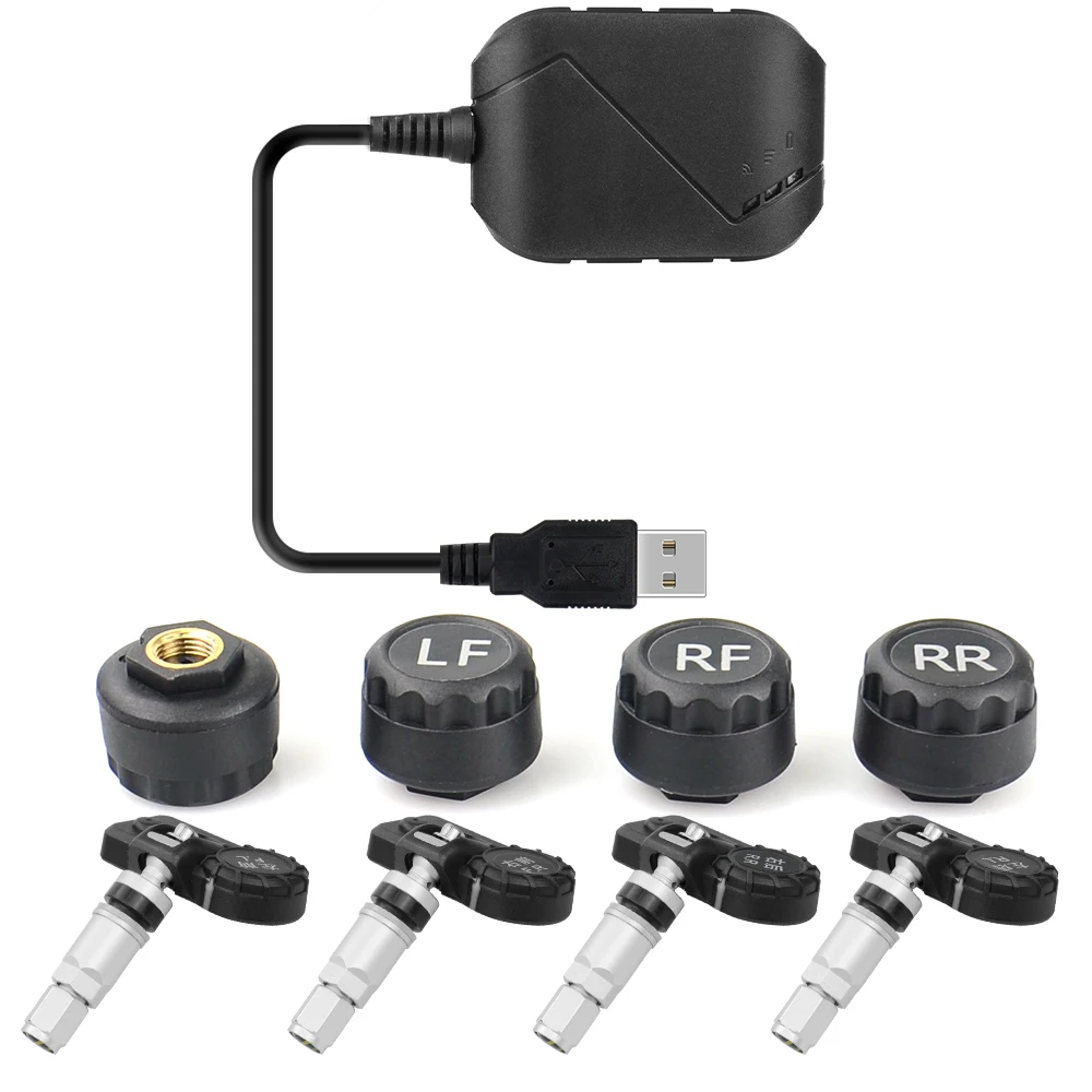 USB Android TPMS Car Tire Pressure Monitor With 4 External Sensors 116 psi Monitoring Alarm System 5V Wireless Transmission TPMS