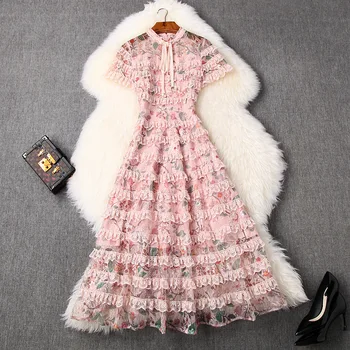 

Women girls cute pink dress short sleee bow tie stand collar a-line mid-length new 2020 summer dresses blue